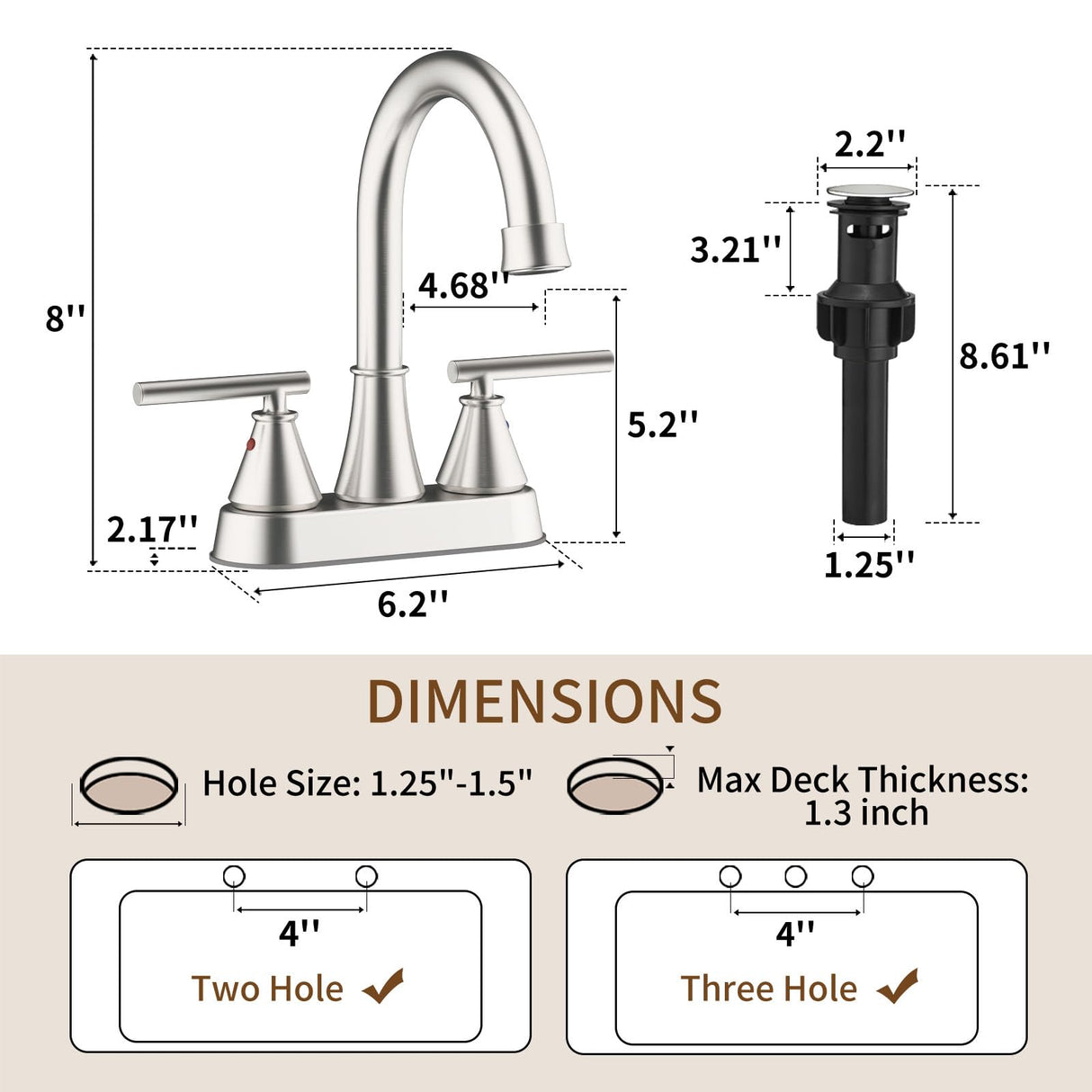 Bathroom Sink Faucet 4 Inch 2 Handle Centerset Brushed Nickel Lead-Free Modern Bathroom Faucet Vanity Faucet with Pop-up Drain Stopper and Supply Hoses