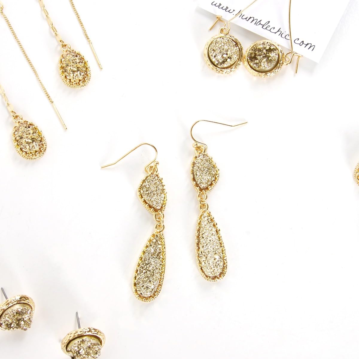 Gold Tone Earrings for Women Dangle - Faux Druzy Long Double Tear Drops