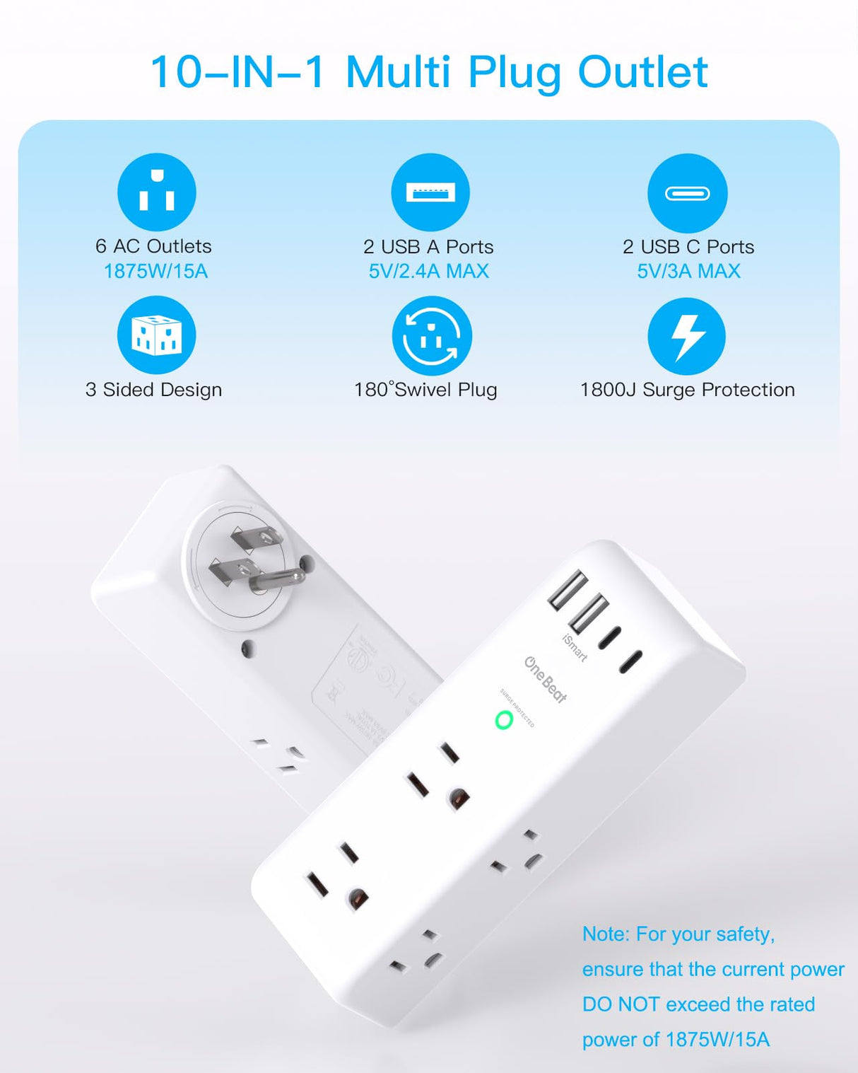 Surge Protector Outlet Extender with Rotating Plug, 6 AC Multi Plug Outlet with 4 USB Ports (3 USB C), 1800 J, 3-Sided Swivel Power Strip with Spaced Outlet Splitter for Dorm Office, White-2 Pack