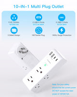 Surge Protector Outlet Extender with Rotating Plug, 6 AC Multi Plug Outlet with 4 USB Ports (3 USB C), 1800 J, 3-Sided Swivel Power Strip with Spaced Outlet Splitter for Dorm Office, White-2 Pack