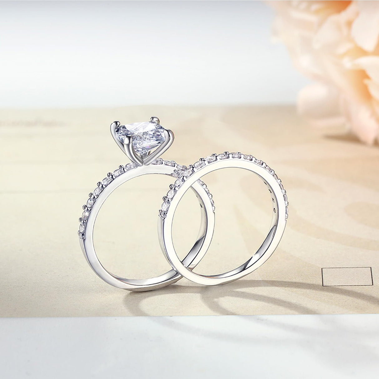 AONED Engagement Rings For Women Wedding Rings Fake Engagement Ring Set Promise Rings For Her 2 Carat 2CT Radiant Cubic Zirconia CZ Bridal Ring Sets Wedding Rings Cheap Band 2pcs, Size 8