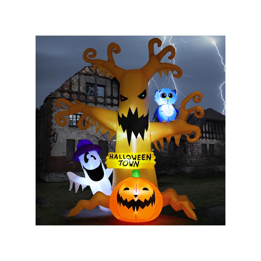 GOOSH 8 FT Halloween Inflatables Dead Tree Outdoor Decorations with Owl Ghosts and Pumpkins, Blow Up Yard Decorations with Built-in LED Lights for Outdoor Party Garden Lawn Decor