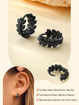 FaithHeart Small Black Leaf Hoop Earrings for Women, Black Stainless Steel Huggie Hoops Earrings Lightweight Hypoallergenic Jewelry for Sensitive Ears