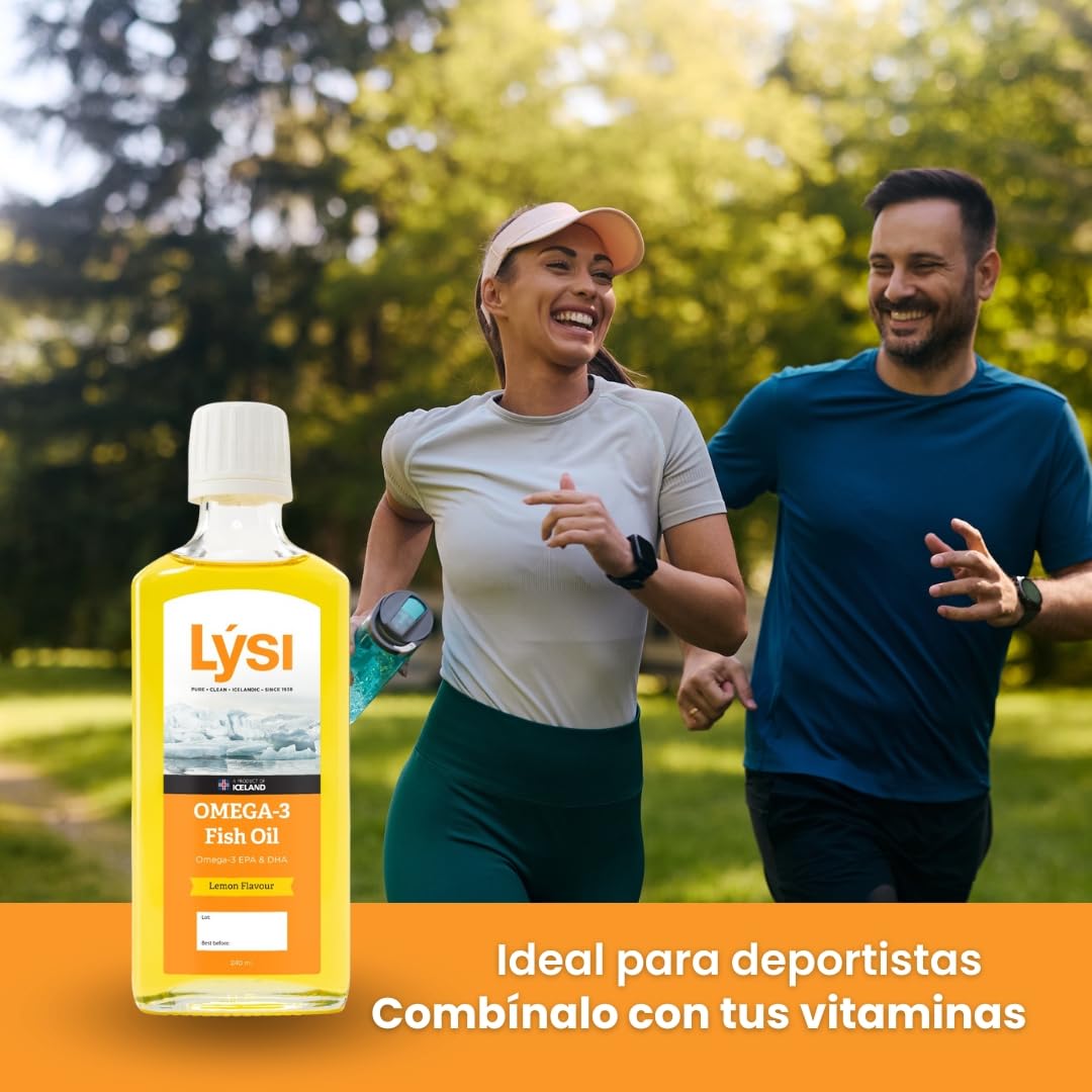 LÝSI, Omega 3 en Aceite de pescado, Mezcla de diferentes pescados, Sabor limón, Para toda la familia y embarazadas, Sin gluten y azúcar, 240 ml.