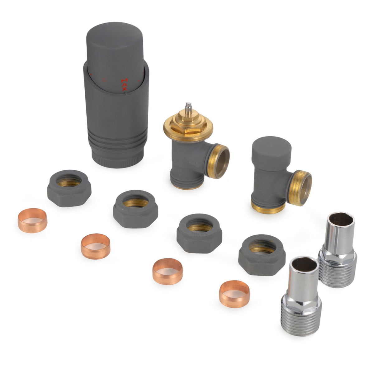 VANCOCO Anthracite Grey Thermostatic Radiator Valves 15mm (TRV) with Lockshield, 1/2"×15mm Angled Radiator Thermostat Valve, H62 Brass, Energy Saving Modern TRV for Central Heating Syetem