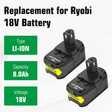 2-Pack 18V 8000mAh P108 Extended Runtime Lithium Battery Replacement for Ryobi 18V Battery Compatible with Ryobi 18 Volt Battery P102 P103 P104 P105 P107 P109 P108 P190 P122 Cordless Tools (Green)