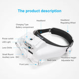 Dilzekui Headband Magnifying Glass with Light, Rechargeable Head Magnifying Glasses 1X to 14X, Magnifier Headset with 6 Detachable Lens, Hands Free Head Mount Magnifier for Close Work Reading Crafts