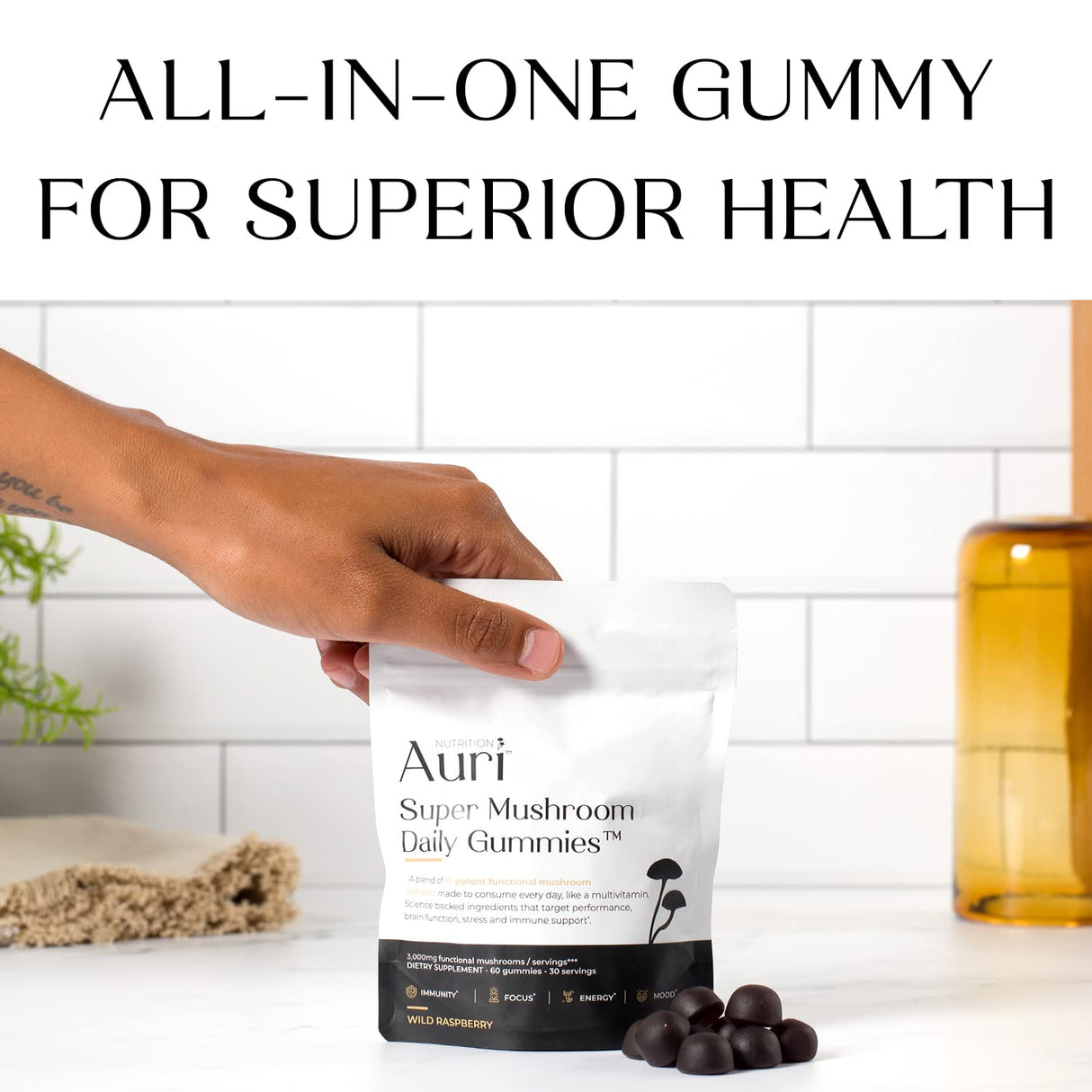 Auri Super Mushroom Daily Gummies - All-in-One Daily Mushroom Supplement Gummy - 12 Mushroom Blend with Chaga, Lions Mane, Reishi, Cordyceps - 60 Gummies