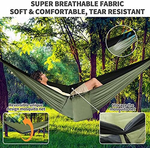 Camping Hammock - Hammocks with Mosquito Net Tent and Rain Fly Tarp, Portable Single & Double Nylon Parachute Hammock with Heavy Duty Tree Strap, Indoor Outdoor Backpacking Survival Travel