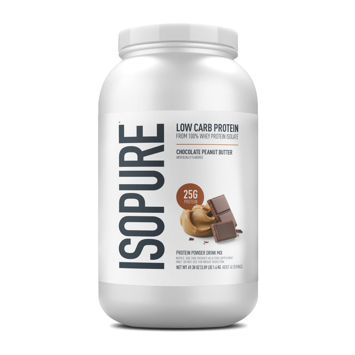 Isopure Low Carb 100% Pure Whey Isolate Protein Powder, Lactose Free, Gluten Free, With Vitamins, Chocolate Peanut Butter, 25g Protein Per Serving, 3 Lbs, 40 Servings (Packaging May Vary)