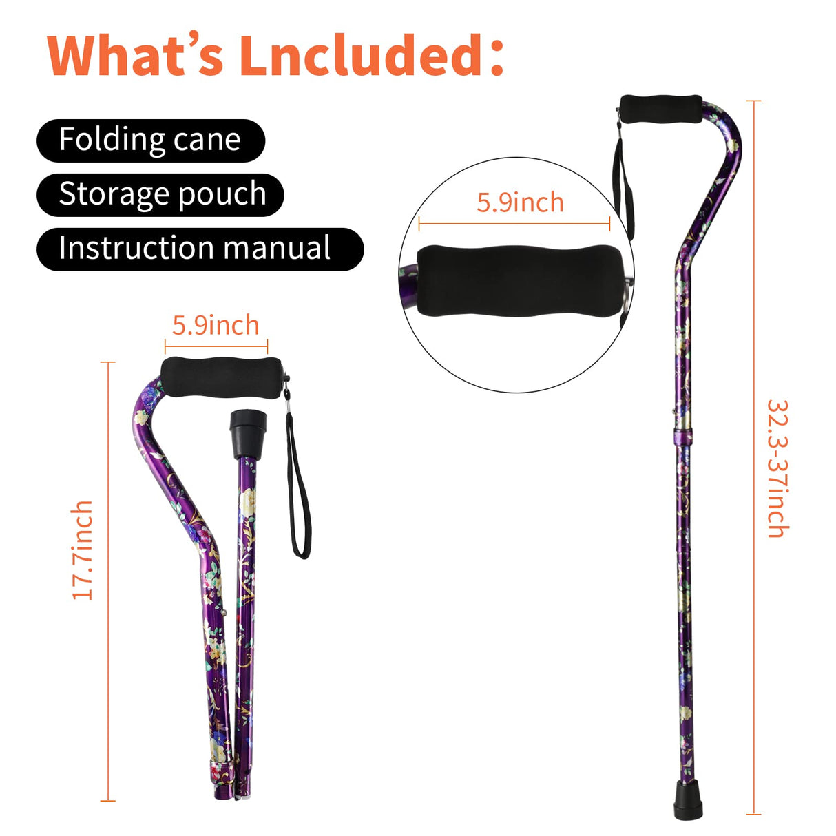 YOKABOZE Canes for Women, Folding Cane Lightweight with Offset Handle, Adjustable Walker Stick for Seniors Mobility Balance Crutch for Men for Stability