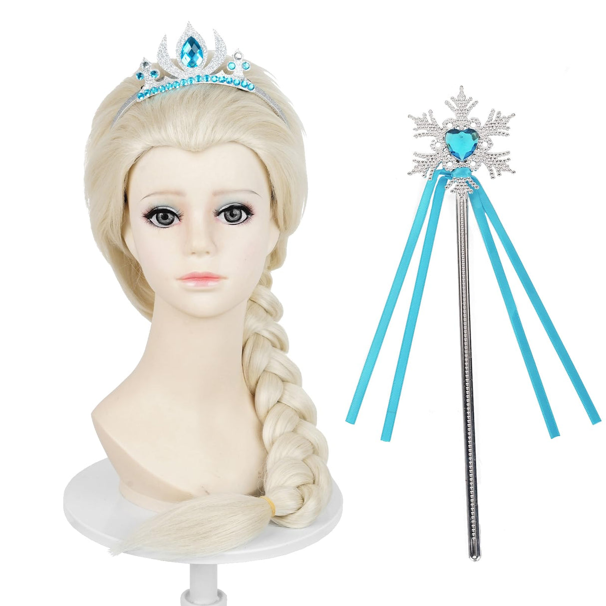 Probeauty Long Blonde Braided Wig for Girls Princess Cosplay, Kids Costume Wig with Magic Wand Crown for Halloween Christmas Birthday Party