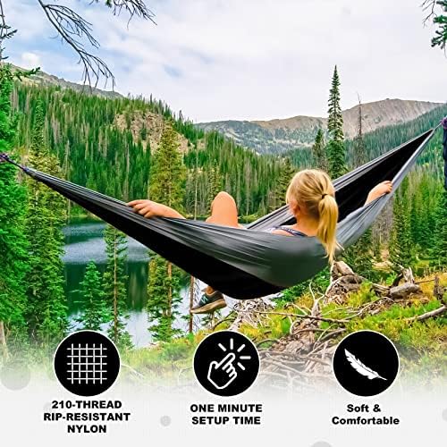 SZHLUX Camping Hammock Double & Single Portable Hammocks with 2 Tree Straps, Great for Hiking,Backpacking,Hunting,Outdoor,Beach,Camping,Black / Grey