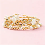 Dainty 14K Gold Beaded Cross Bracelet Stack for Women,Bohemian Stretch Pearl Gold Plated Ball Beads Non Tarnish Stackable Bracelets Set Fashion Prom Holiday Accessories Jewelry Gift Friendship