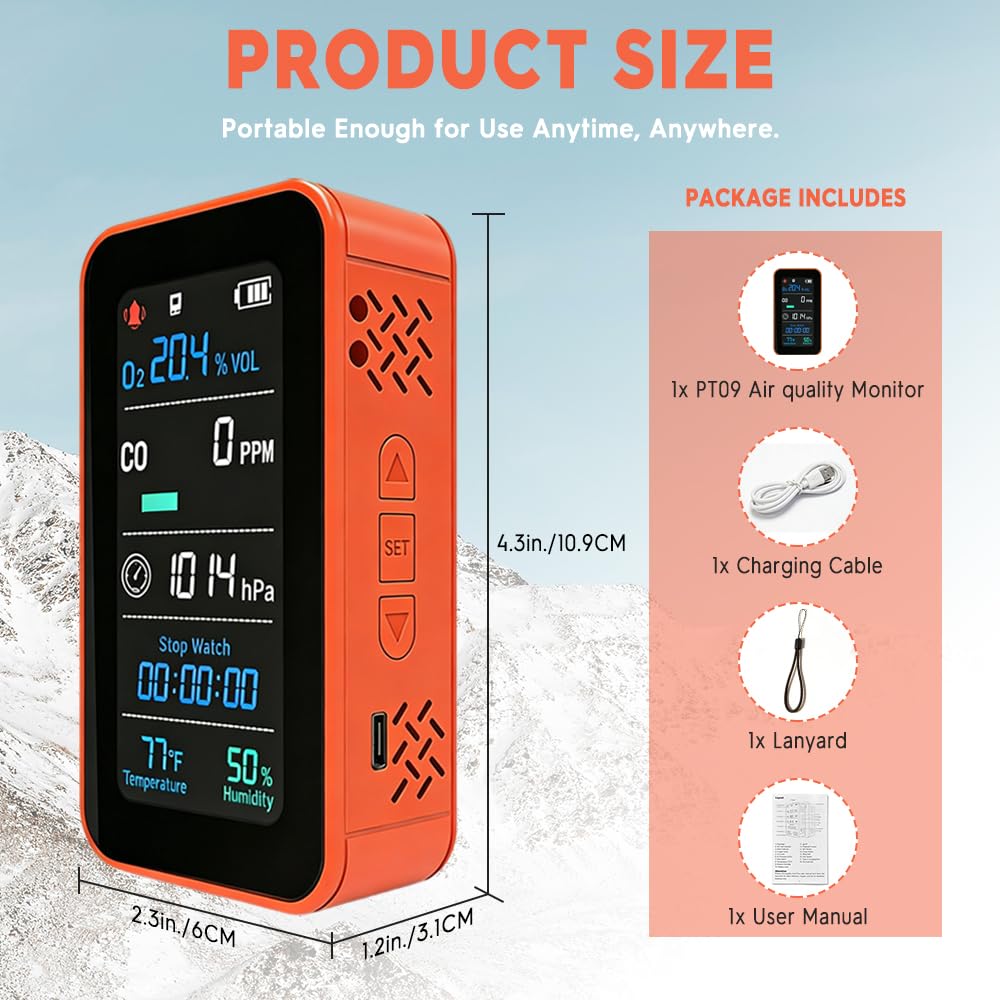GZAIR 7-in-1 Portable Multi-Gas & Environmental Detector, O2/CO Monitor with Air Pressure, Temperature & Humidity Sensors, 3000mAh Rechargeable Device with SD Data Logging, Flashlight & Stopwatch