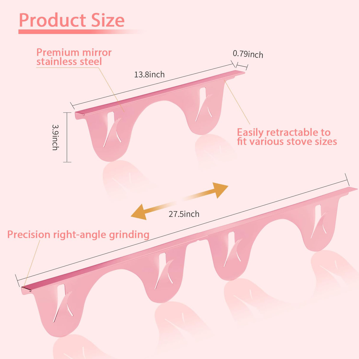 Stainless Steel Stove Gap Covers in Pink– 2 Pack Adjustable 13.8” to 27.5” Retractable Stove Gap Filler, Heat Resistant Guard for Range Top & Counter Gaps, Easy to Clean and Maintain