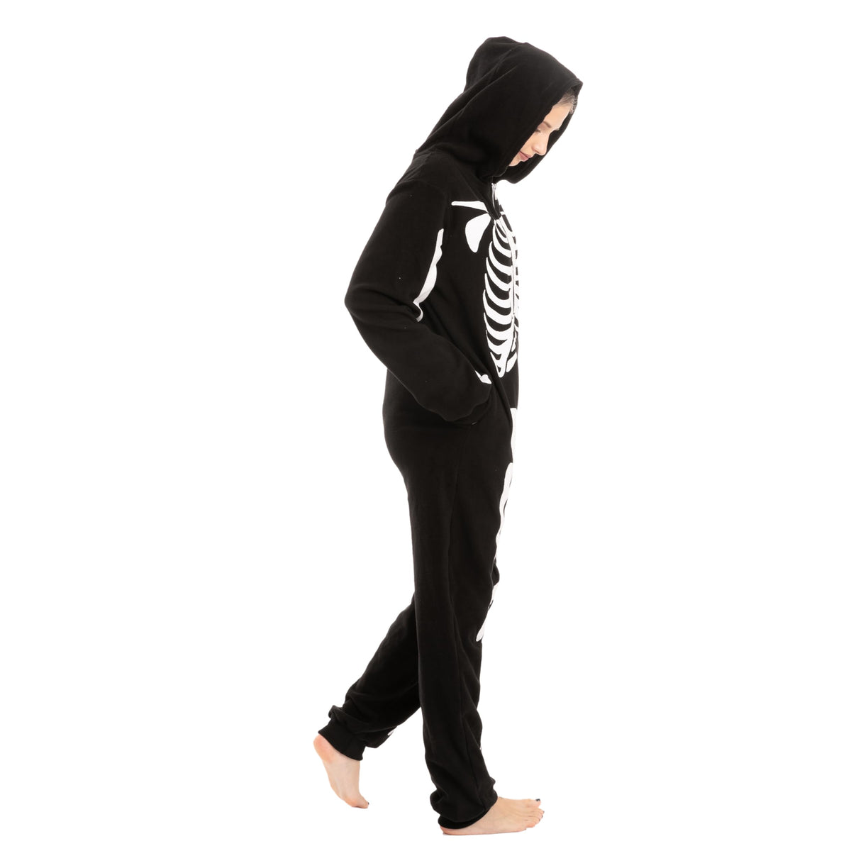 Spooktacular Creations Halloween Skeleton Costume, Adult Skeleton Costume, Unisex Adult Jumpsuit Plush Hoodie Zipper Jumpsuit for Men Women Halloween Dress-up Cosplay Themed Parties Black