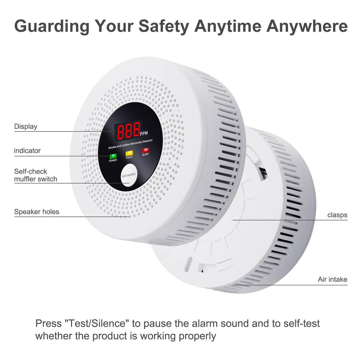 2-in-1 Smoke and Carbon Monoxide Detector 10-Year Battery-Powered CO Alarm with Clear LCD Display and Sound Warning for Home Reliable Detector for Enhanced Safety and Protection (Includes Batteries)