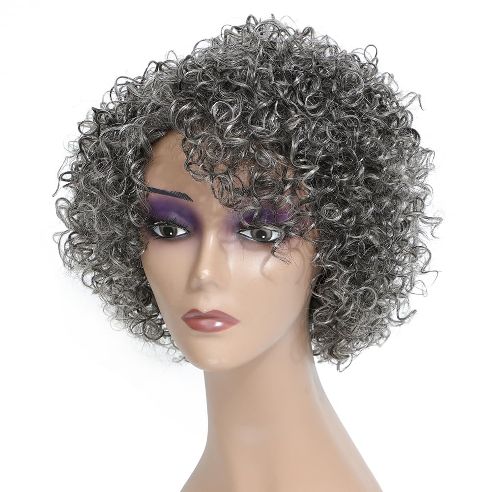 HUA Grey Glueless Wigs Human Hair Wigs for Black Women Grey Short Curly Wigs for Black Women Human Hair Mixed Kinky Curly Wear and Go Glueless Wig Ombre Gray 8 Inch Short Wigs for Older Women