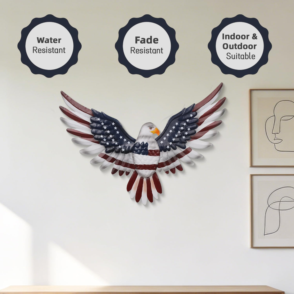 24" Large American Flag Bald Eagle Metal Wall Art, Patriotic Wall Decor