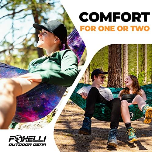 Foxelli Camping Hammock - Lightweight Portable Hammock, Easy Setup with Tree-Friendly Ropes & Steel Carabiners, Heavy Duty Parachute Nylon for Indoors and Outdoors