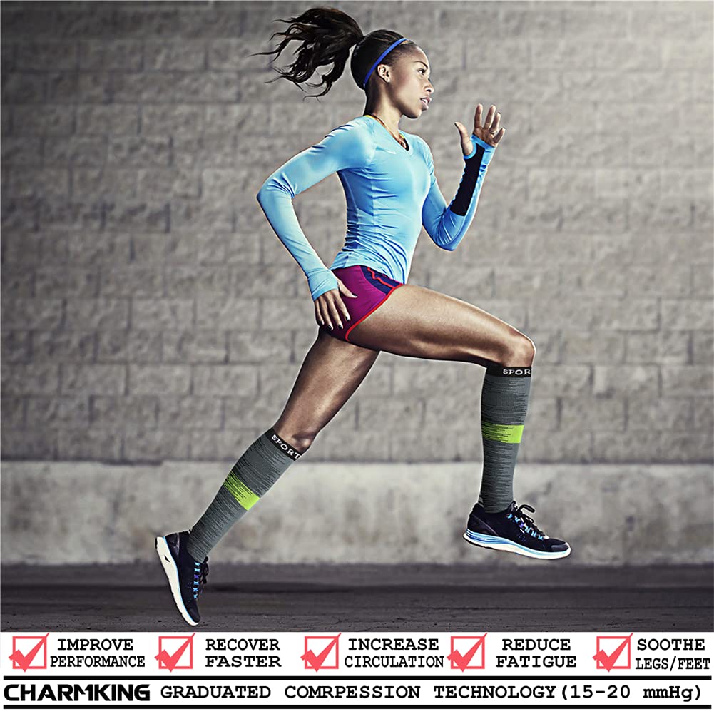 CHARMKING Compression Socks for Women & Men (8 Pairs) 15-20 mmHg Graduated Copper Support Socks are Best for Pregnant, Nurses - Boost Performance, Circulation, Knee High & Wide Calf (L/XL, Multi 19)