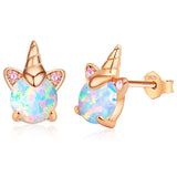 Rose Gold Plated Unicorn Earrings, 14K Hypoallergenic Earrings for Kids ARSKRO S925 Sterling Silver Post Cute Tiny Small Fire Opal Stud Jewelry Gifts for Little Teen Girl Sensitive Ears