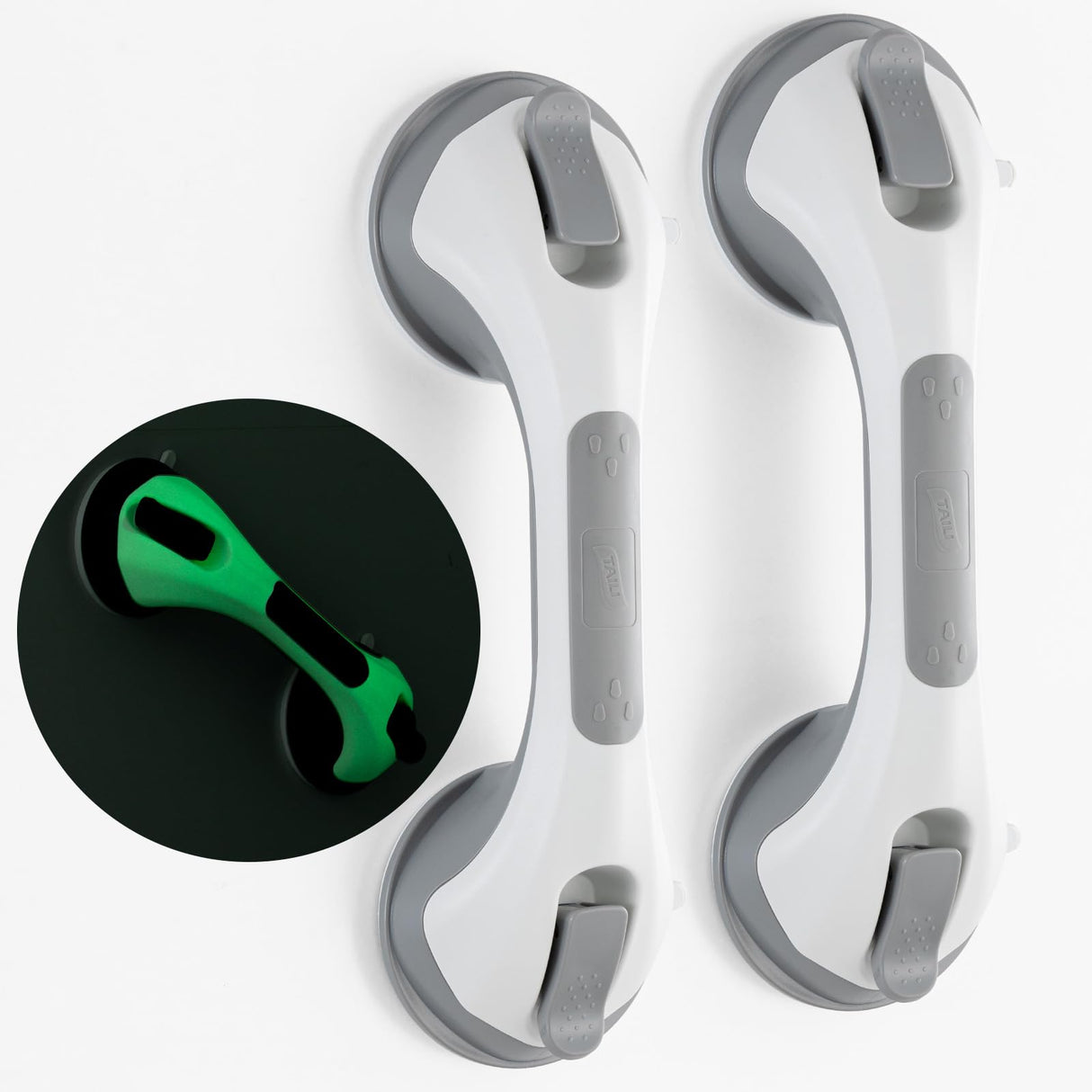 TAILI Shower Grab Bar Glow in The Dark, 2 Pack 12.2 in Grab Bars for Bathtubs and Showers,Shower Handles Shower Rails for Seniors and Elderly,Bathroom Safety Grip Removable No Drilling Waterproof Grey