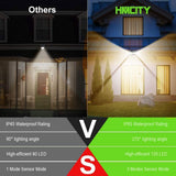HMCITY 120 LED Outdoor Solar Lights- with Motion Sensor and 3 Lighting Modes, IP65 Waterproof Wide Solar Wall Lights Ideal for Garden Patio Yard (Front Button 4Packs, Black Shell-Warm White)
