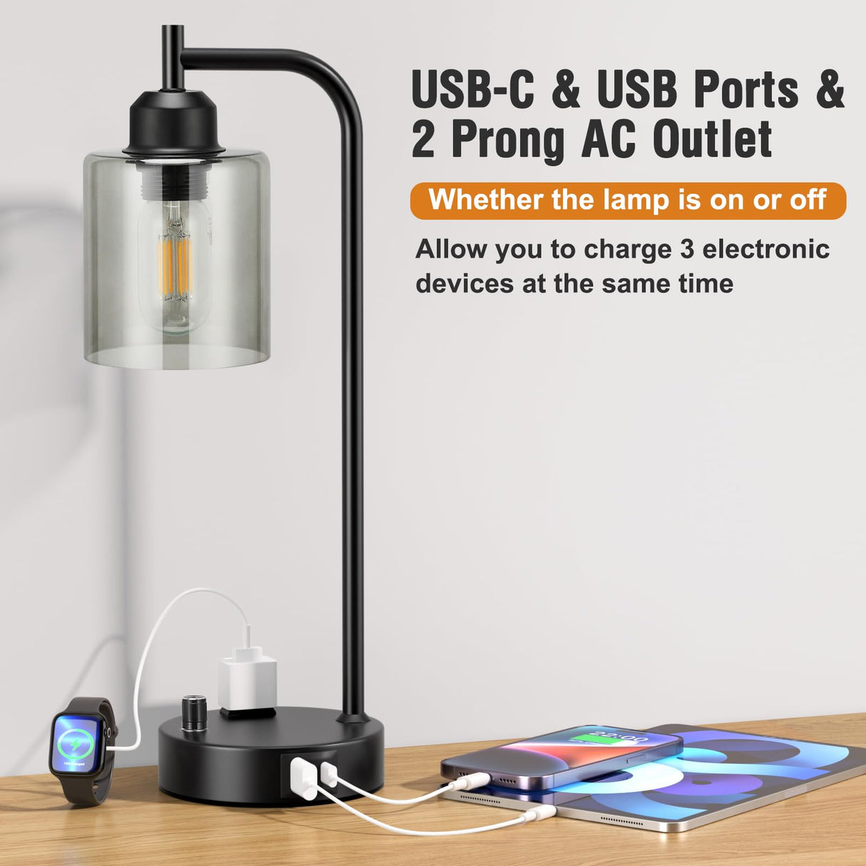 Innqoo Industrial Table Lamps for Bedrooms Set of 2 - Fully Dimmable Bedside Lamps with USB Ports and Outlet, Copper Nightstand Lamps with Glass Shade for Living Room, Desk Lamps for Office Reading