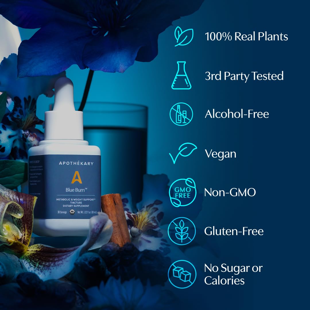 Apothékary Blue Burn Herbal Liquid Drops Supplement | Dietary Metabolism Support Supplement with Oregon Grape Root, Blue Spirulina, Maca Root and Berberine, Liquid Vitamins | 1.22 Fl Oz, 30 Servings