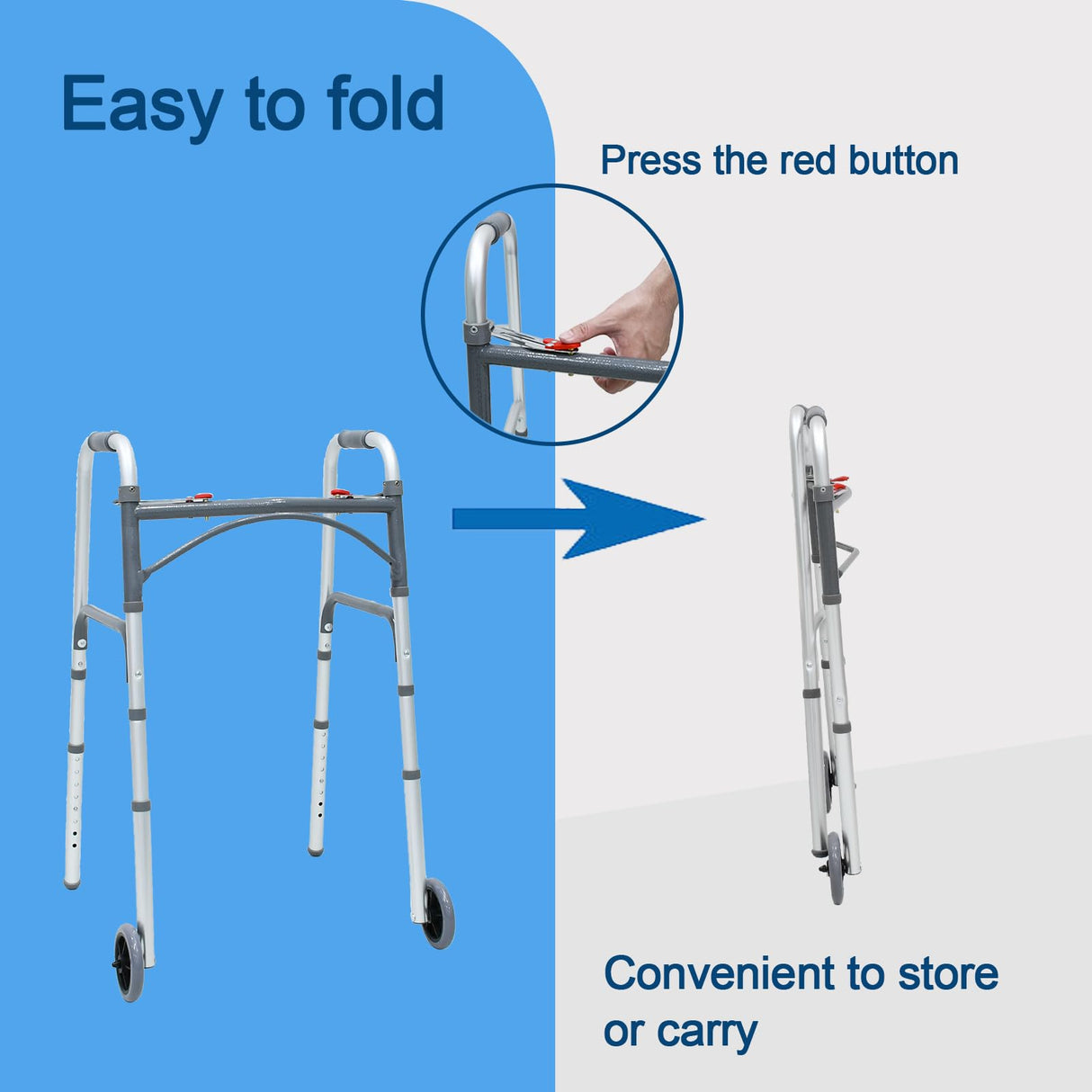 Loyoda Foldable Walker with Tray，Lightweight Folding Walker with 5" Wheels Height Adjustable Aluminum Standard Walkers for Seniors up to 350 lbs