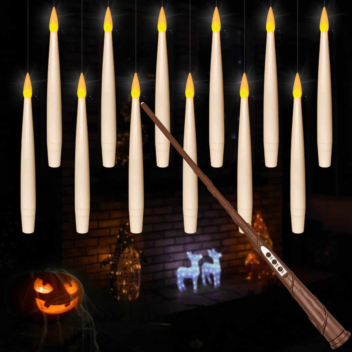 Leejec Floating Candles with Magic Wand Remote(6/18H Timer), 12pcs 6.1" Hanging Flameless Taper Candles, Battery Operated Flickering Warm Light, Halloween Christmas Gift, Wedding Party Decor (Ivory)