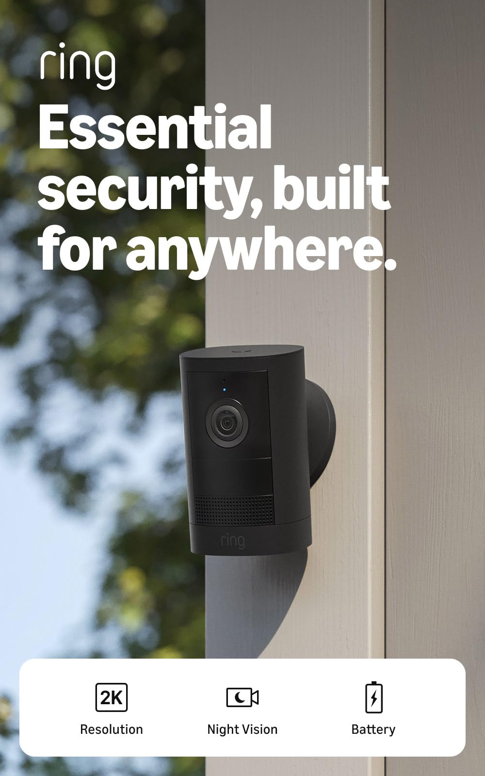 Ring Outdoor Cam 2K (newest model), Battery, Home or business security, Wide-Angle Retinal 2K Video, 6x Enhanced Zoom, Night Vision, Black