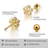 Gold Flower Stud Earrings 925 Sterling Silver 18K Gold Plated Cubic Zirconia Screw Back Cute Hypoallergenic for Women Jewelry Gift Graduation Gift Thanksgiving Day Christmas