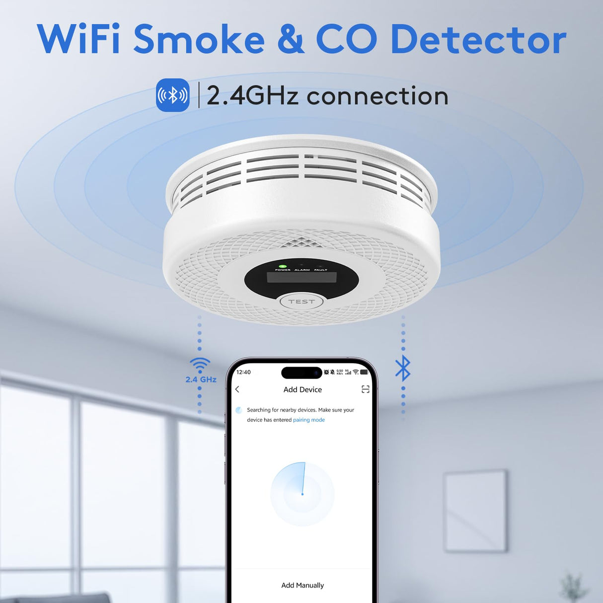 1-Pack Smart Smoke and Carbon Monoxide Detector with App Notifications, Replaceable Battery, Wi-Fi Smoke and CO Detector Combo for Home and Office, Easy Setup