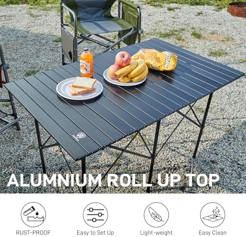 EVER ADVANCED Camping Table, Fold up Lightweight, 4-6 Person Portable Roll up Aluminum Table with Carry Bag for Outdoor, Support Up to 110LBS, Black