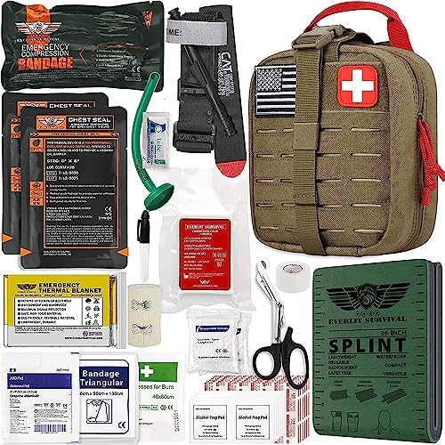 EVERLIT Advanced Emergency Trauma Kit, CAT GEN-7 Tourniquet Mil-Spec Nylon Laser Cut Pouch with 36" Splint, Military Combat Tactical IFAK for First Aid Response Bleeding Control