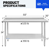Hally Stainless Steel Table for Prep & Work 30 x 60 Inches, NSF Commercial Heavy Duty Table with Undershelf and Backsplash for Restaurant, Home and Hotel