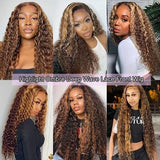 Ijowa 13x4 Highlight Ombre Deep wave Lace Front Wigs Human Hair P4/27 Colored HD Transparent Honey Blonde Curly Lace Frontal Wigs Pre Plucked 180% Density with Baby Hair 26inch