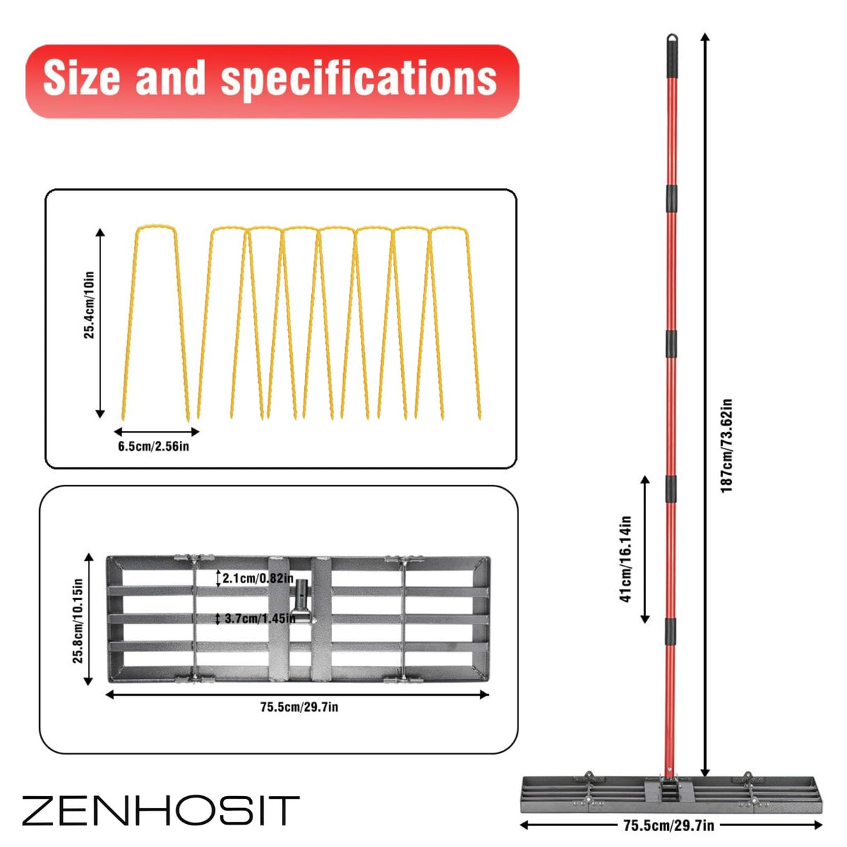 Zenhosit Lawn Leveling Rake - Lawn Leveler with 78" Adjustable Steel Handle, 30"x10" Ground Plate for Yard, Grass, Level Soil, Dirt Ground or Golf Field
