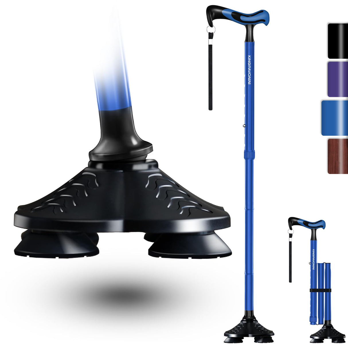 KingPavonini Walking Cane for Men Women Stability, Free Standing Foldable Cane, Ergonomic Handle Pivoting Quad Base, Heavy Duty 350 LBs, Adjustable Walking Canes for Seniors Balance with Travel Bag