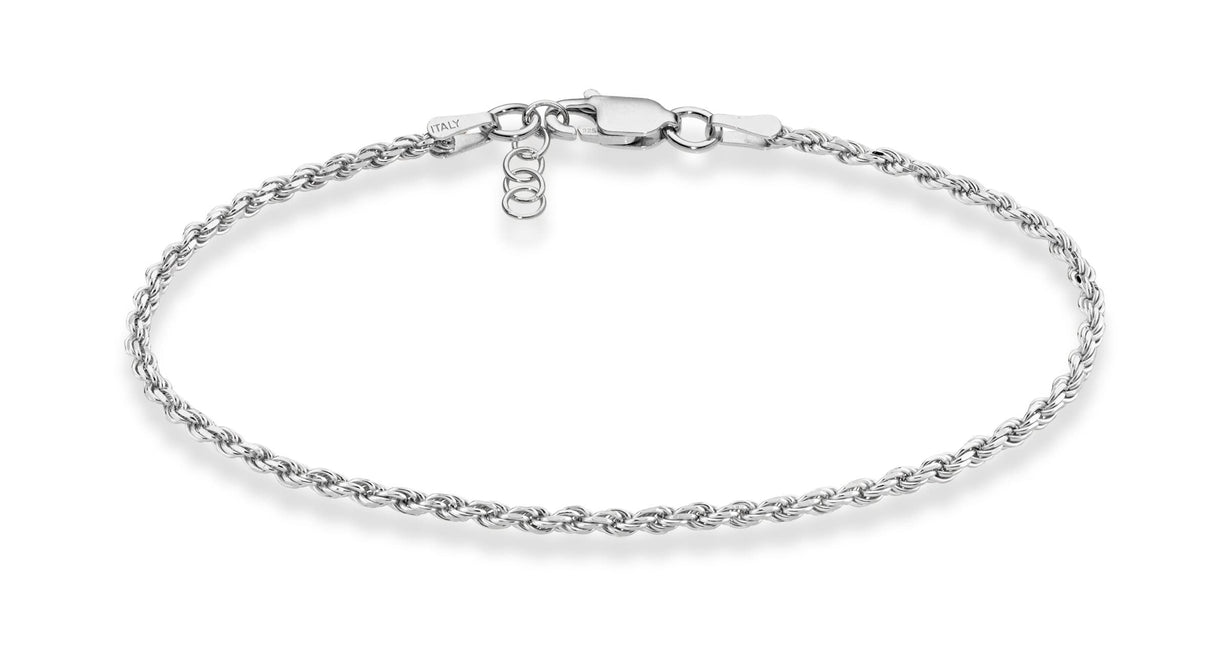 Miabella Solid 925 Sterling Silver Italian 2mm, 3mm Diamond-Cut Braided Rope Chain Bracelet for Women Men, Made in Italy (2mm - Length 6.5 Inches)