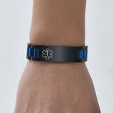 Medical ID Bracelet for Men: Free Engraving Black and Blue Stainless Steel Masculine Watch Band Style Medical Alert Wristband Personalized Medic ID Bracelet Jewelry