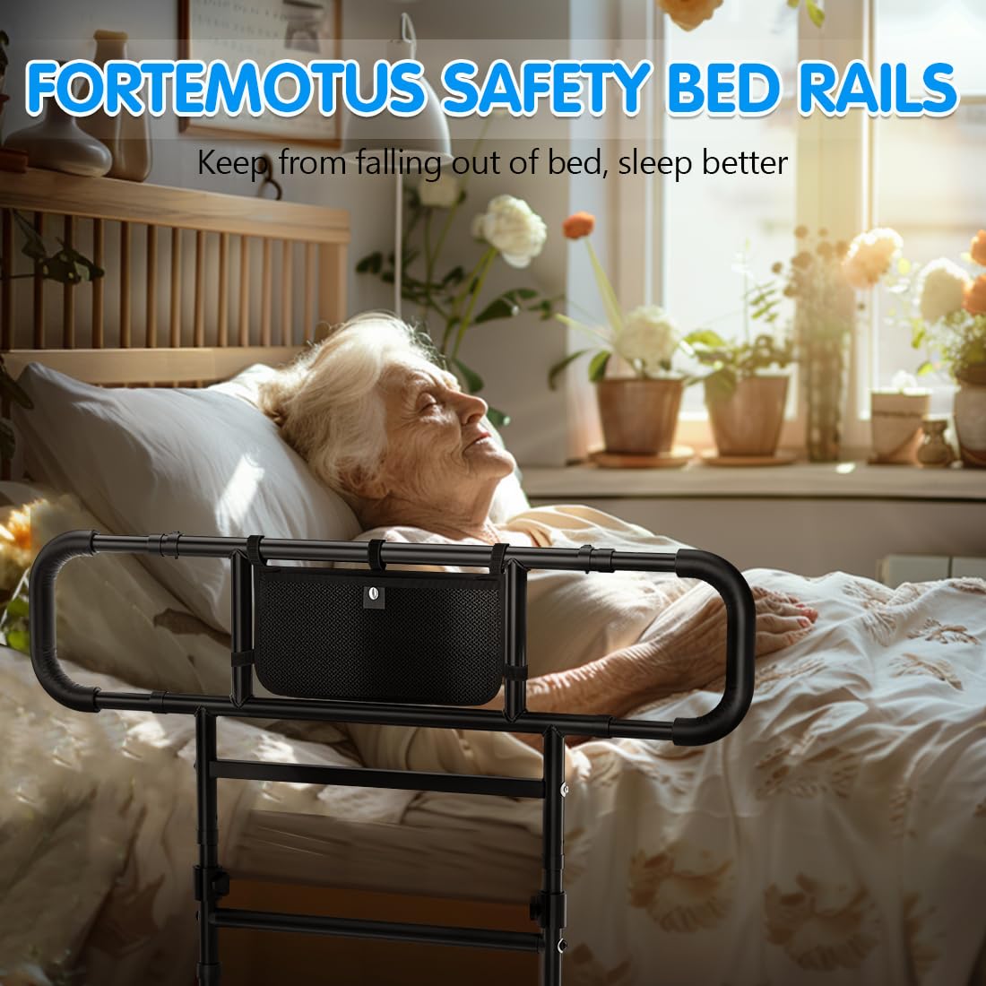 FORTEMOTUS Bed Rails for Elderly Adults Safety Foldable - Heavy Duty Bed Assist Rails for Senior, with Extendable Bed Guard Rails, Adjustable Heights, Storage Pocket& Safety Belt, can Withstand 450LB