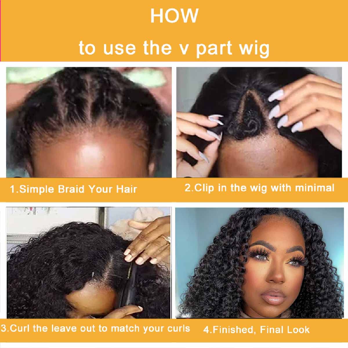 Domiso Curly V Part Wig Human Hair Upgrade U Part Wigs Human Hair Wigs for Black Women Human Hair Glueless V Shape Wigs Kinky Curly Wigs No Leave Out 180% Density Natural Color 18 Inch