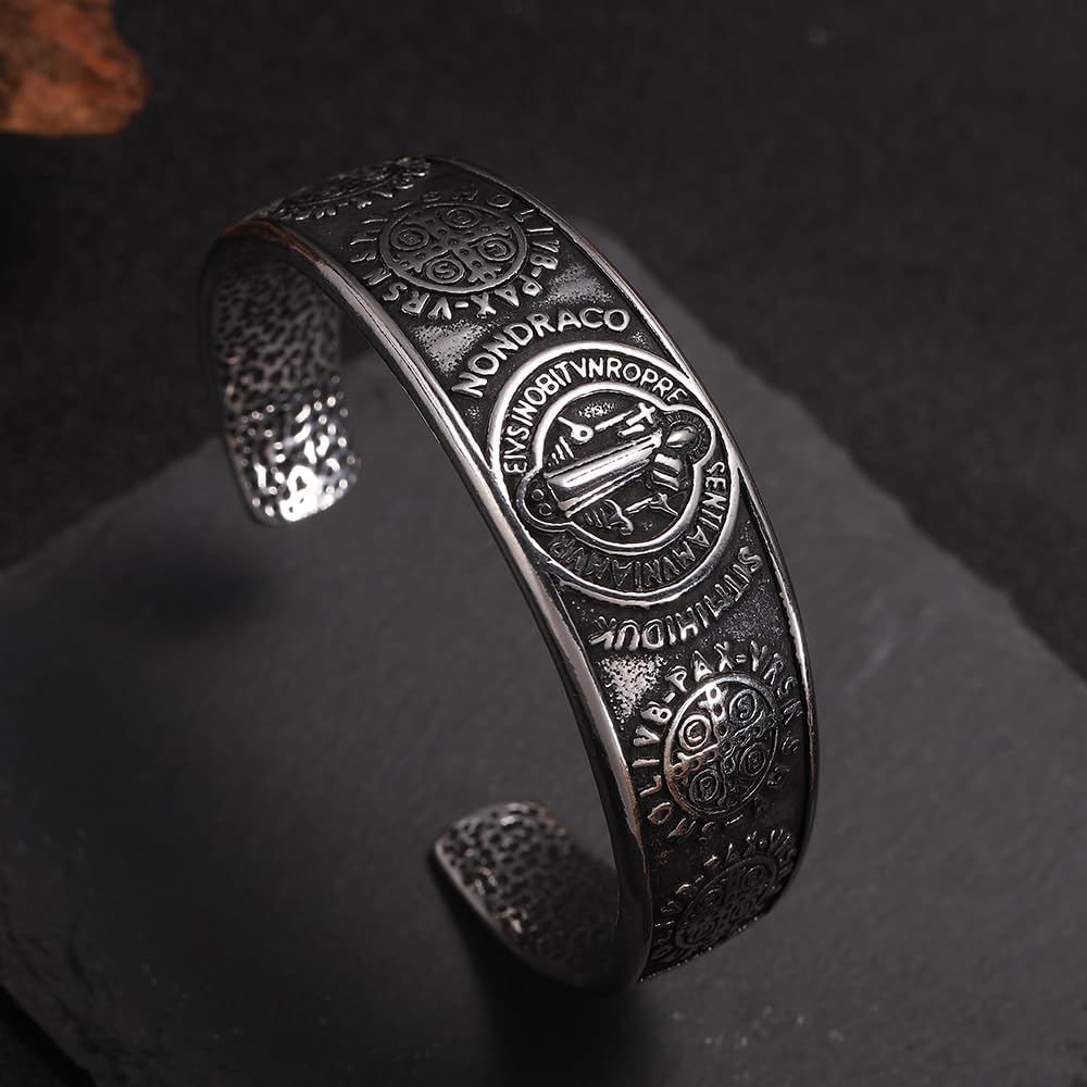 BaBakiak St Benedict Exorcism Medal Cuff Bracelet, Stainless Steel Christian Catholic Roman Cross Bangle, Patron Saint Amulet Medal Jewelry