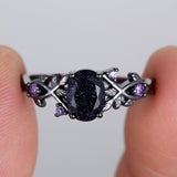 Blue Sandstone Gothic Leaf Ring for Women – 18K Black Gold Plated Vine Promise Statement Ring, Engagement Wedding Band Jewelry Gifts (7)