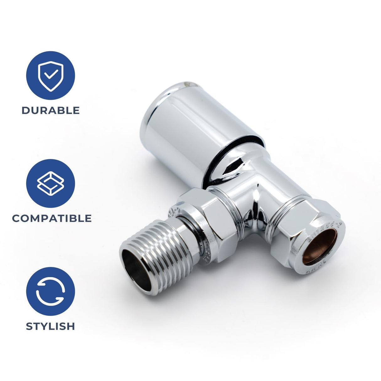 VANCOCO 2Pcs Chrome Angled 1/2"×15mm Towel Rail Valves, Round Head Manual Radiator Valves Compression Connection Pair for Central Heating Modern Bathroom