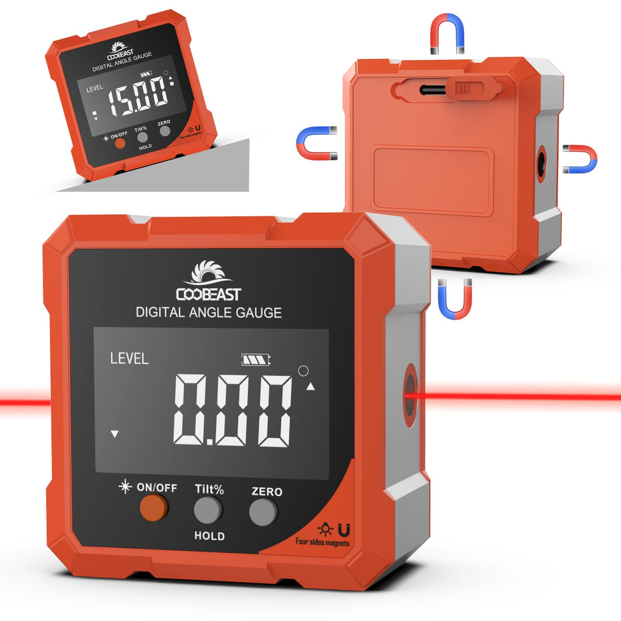 Digital Angle Finder with Laser, 4-side Magnetic Digital Angle Gauge, Rechargeable Mini Digital Laser Level Measuring Tool Cube Inclinometer with Backlight for Woodworking Tablesaw Gift for Men Orange